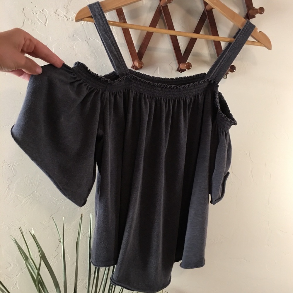 Free People We the Free Bardot Cold Shoulder Flowy Boho Grey Gray Loose Top